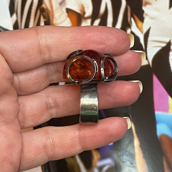 Unique Vintage Sterling Silver Ring With Large Caged Amber Stone Size 8 - Picture 4 of 9